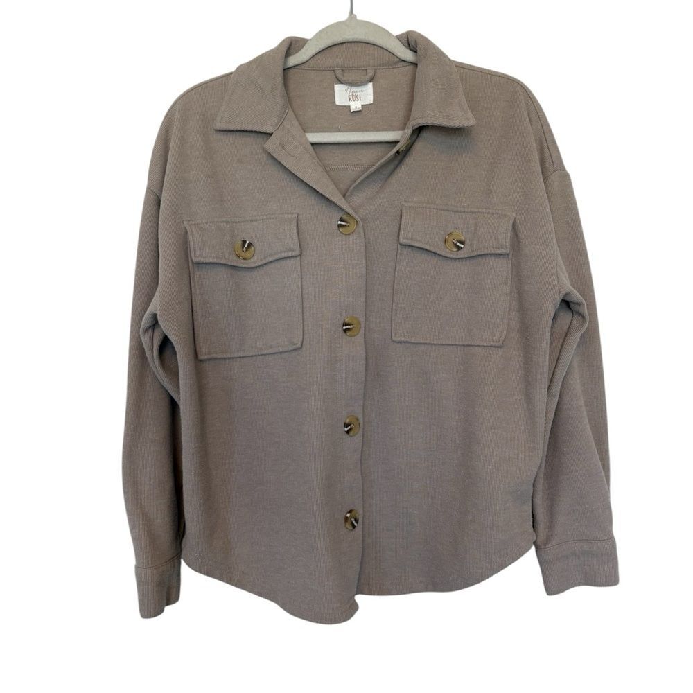 Hippie Rose Tan Button Down Shacket Oversized Shirt Jacket Small Neutral Layerin